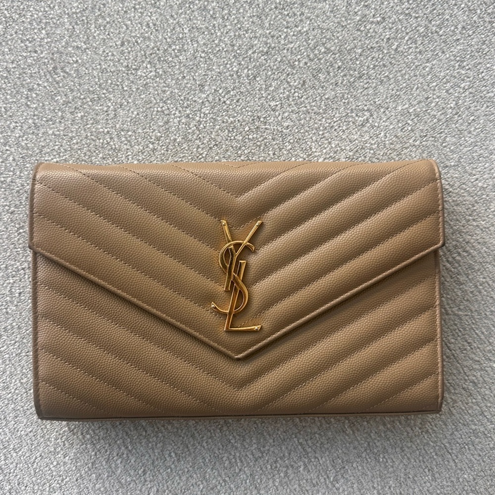 Saint Laurent Beige Quilted Clutch with Gold Logo